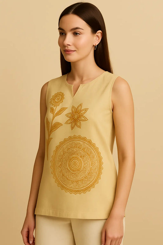 Mandala Embroidered Sleeveless Cotton Top
